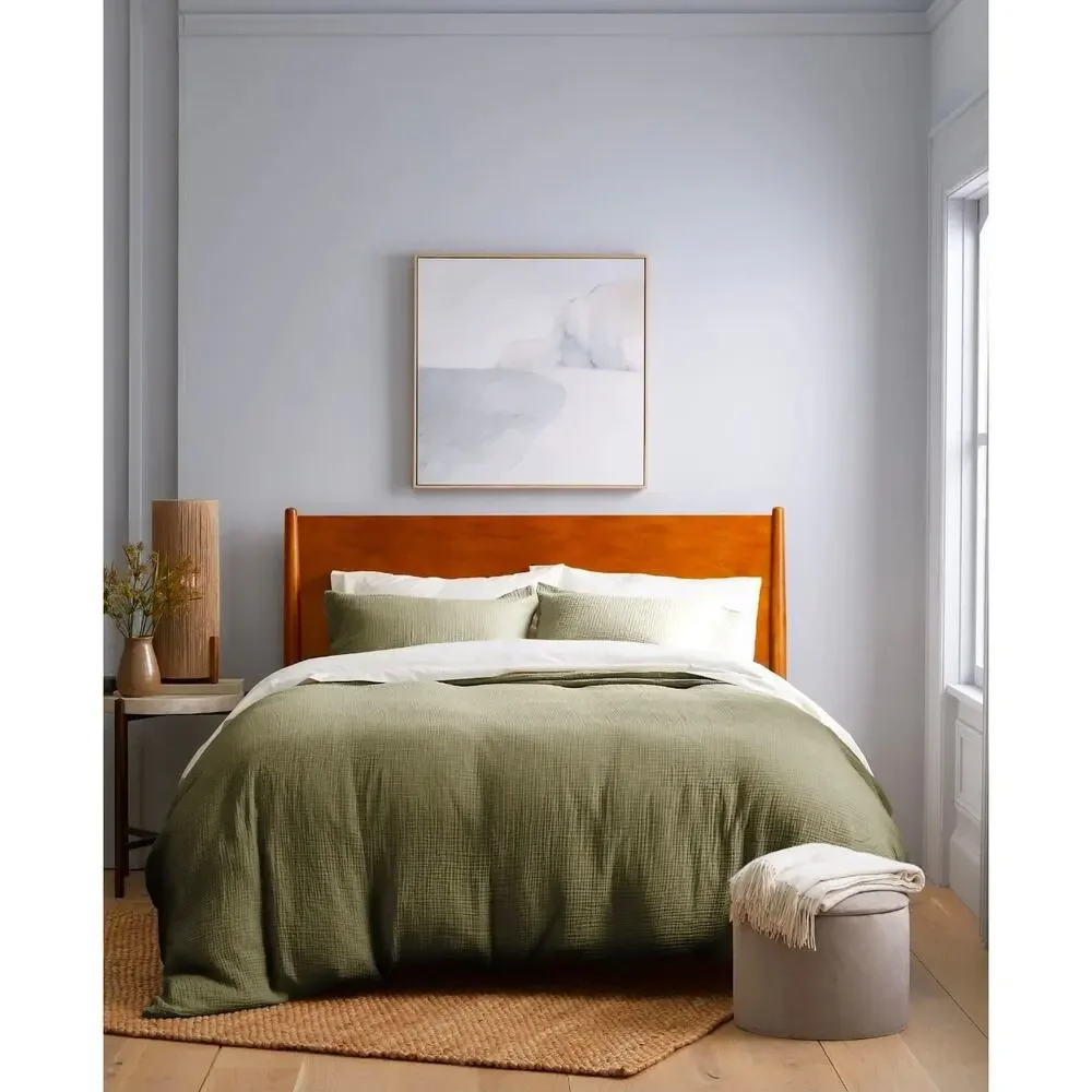 Quince Organic Cotton Gauze Airy Duvet Cover 3Pc Set King Cal King Olive Green